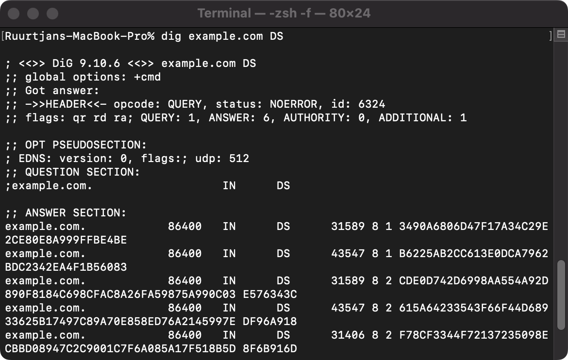 Example output of a DS lookup query